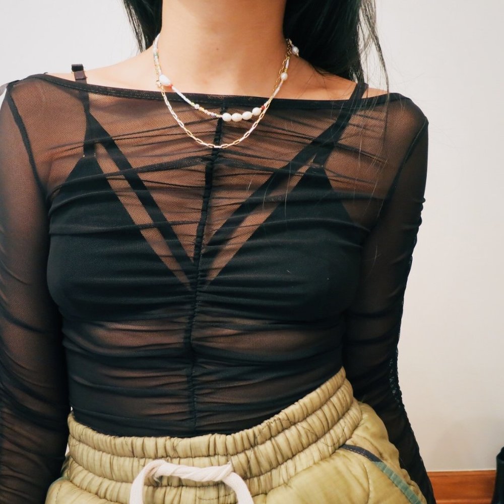 Sheer Ruched Black Top